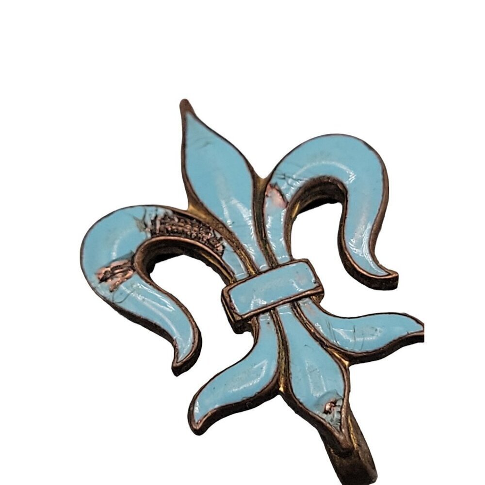 Victorian Antique Fleur-de-lis Pin Watch Holder Blue Enamel & Brass